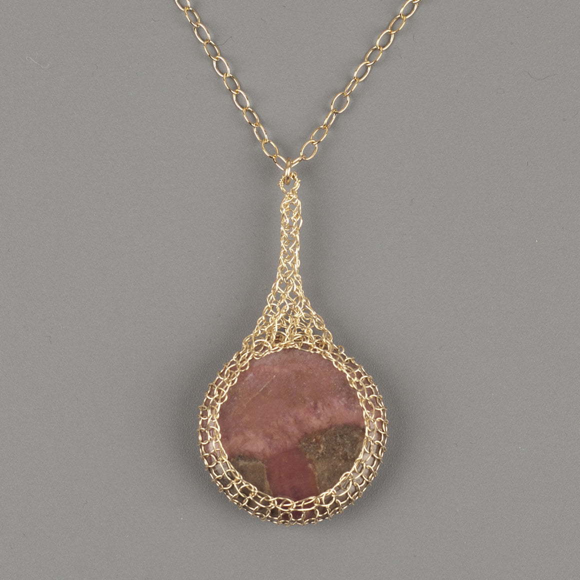 Large round Rhodonite pendant necklace, nested in gold wire crochet - Yooladesign