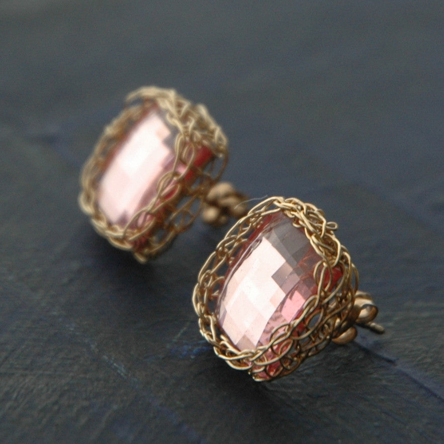 Post Earrings , pink rose geometric earrings - Yooladesign