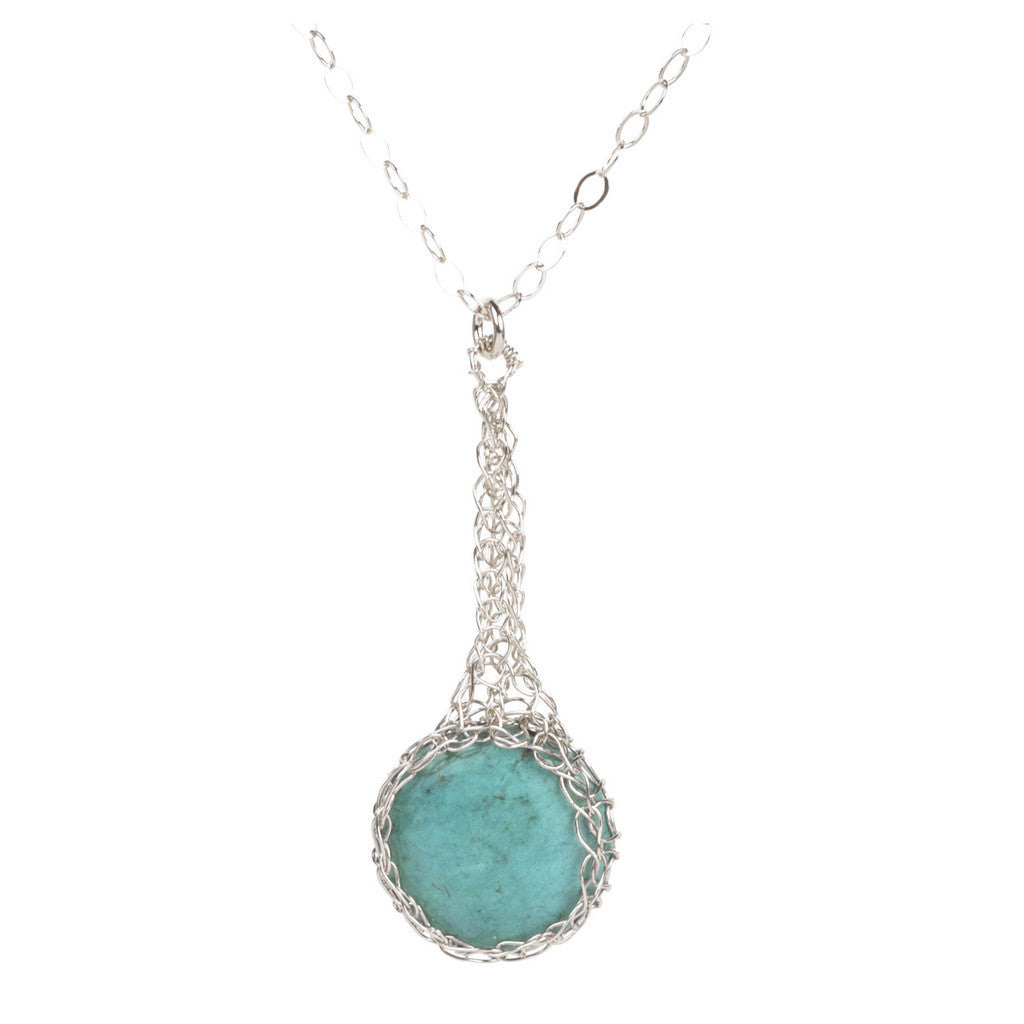 Turquoise pendant necklace , small turquoise coin crocheted in SILVER - Yooladesign