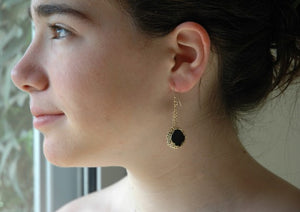 Black Onyx Earrings , Onyx Coins Set nested in Crocheted Gold - Yooladesign