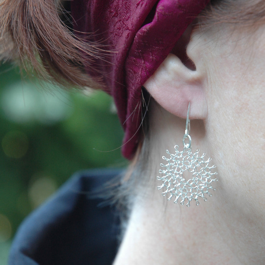 Silver Daisy Flower Earrings , Dangle Earrings , Wire Crochet , Feather Light - Yooladesign