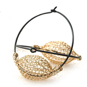 Extra Large Gold and Silver Hoops , Gold Pod Bead on Oxidized Hoop , Wire Crochet Jewelry - Yooladesign