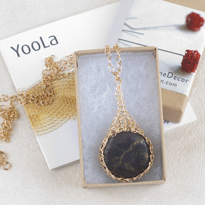 Large round Pyrite pendant necklace, nested in gold wire crochet - Yooladesign