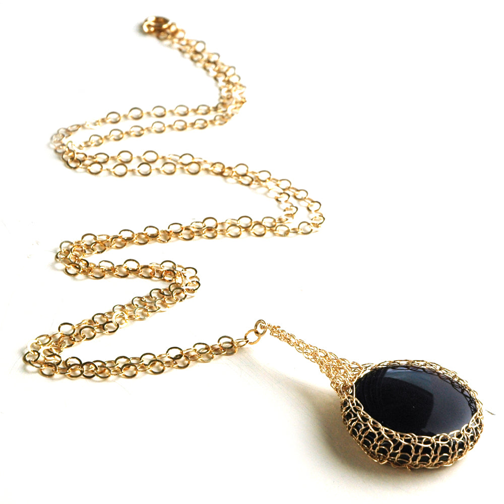 Black Onyx  pendant necklace, nested in gold wire crochet - Yooladesign