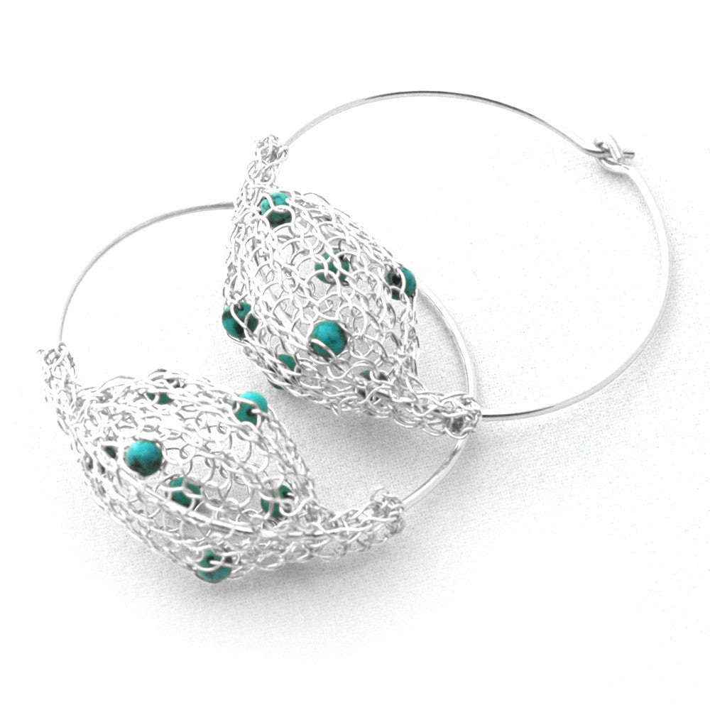 Silver Hoop Earrings - Turquoise beads , Amethyst and Silver Earrings - Yooladesign