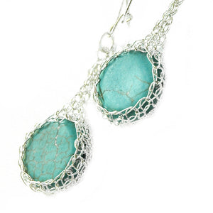 Turquoise Earrings, Turquoise Coins Nested in Crocheted Gold Wire - Yooladesign