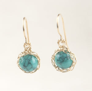Dangle Turquoise earrings , Small Turquoise wire crochet earrings , nested in gold filled - Yooladesign