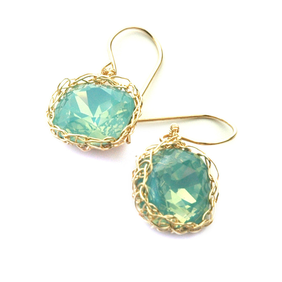 Ocean green Swarovski glass crystal earrings , mint dangle earrings in gold filled - Yooladesign
