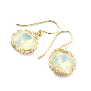 White opal Swarovski glass crystal earrings , wire crochet dangle earrings in gold filled - Yooladesign