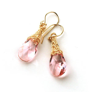 Wire Crochet Earrings - Rose Swarovski Earrings - Gold Filled Pink Earrings - Yooladesign