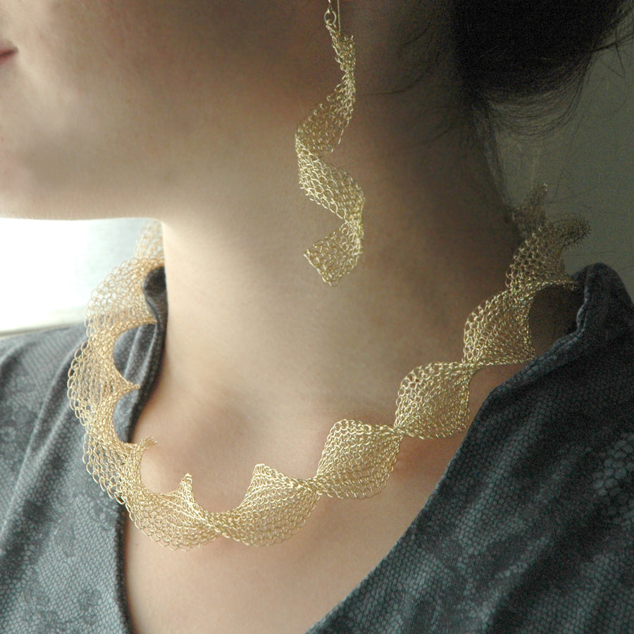 Infinity gold wire crochet earrings , long elegant knitted wire - Yooladesign