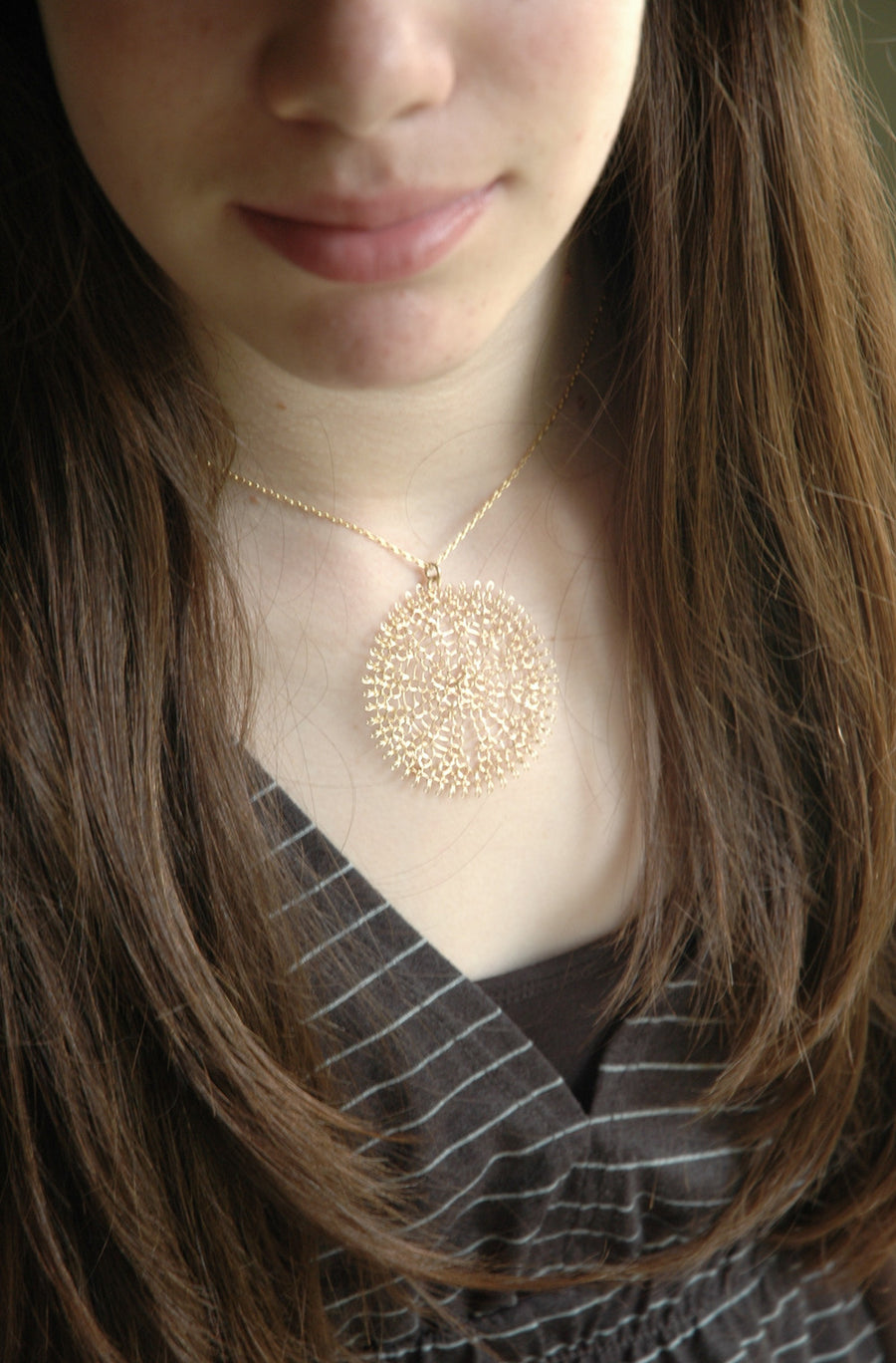 Large Sunflower pendant necklace , wire crocheted flower , gold filled - Yooladesign