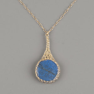 Blue Lapis lazuli pendant necklace wire crocheted in gold wire - Yooladesign