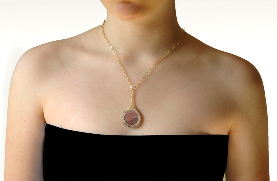 Large round Rhodonite pendant necklace, nested in gold wire crochet - Yooladesign