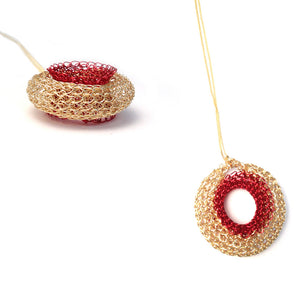 Red Dot Pendant Necklace , Gold and Red Pendant , Wire Crochet Jewelry - Yooladesign