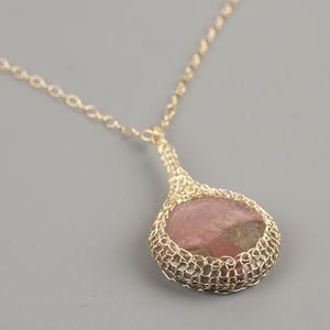 Large round Rhodonite pendant necklace, nested in gold wire crochet - Yooladesign