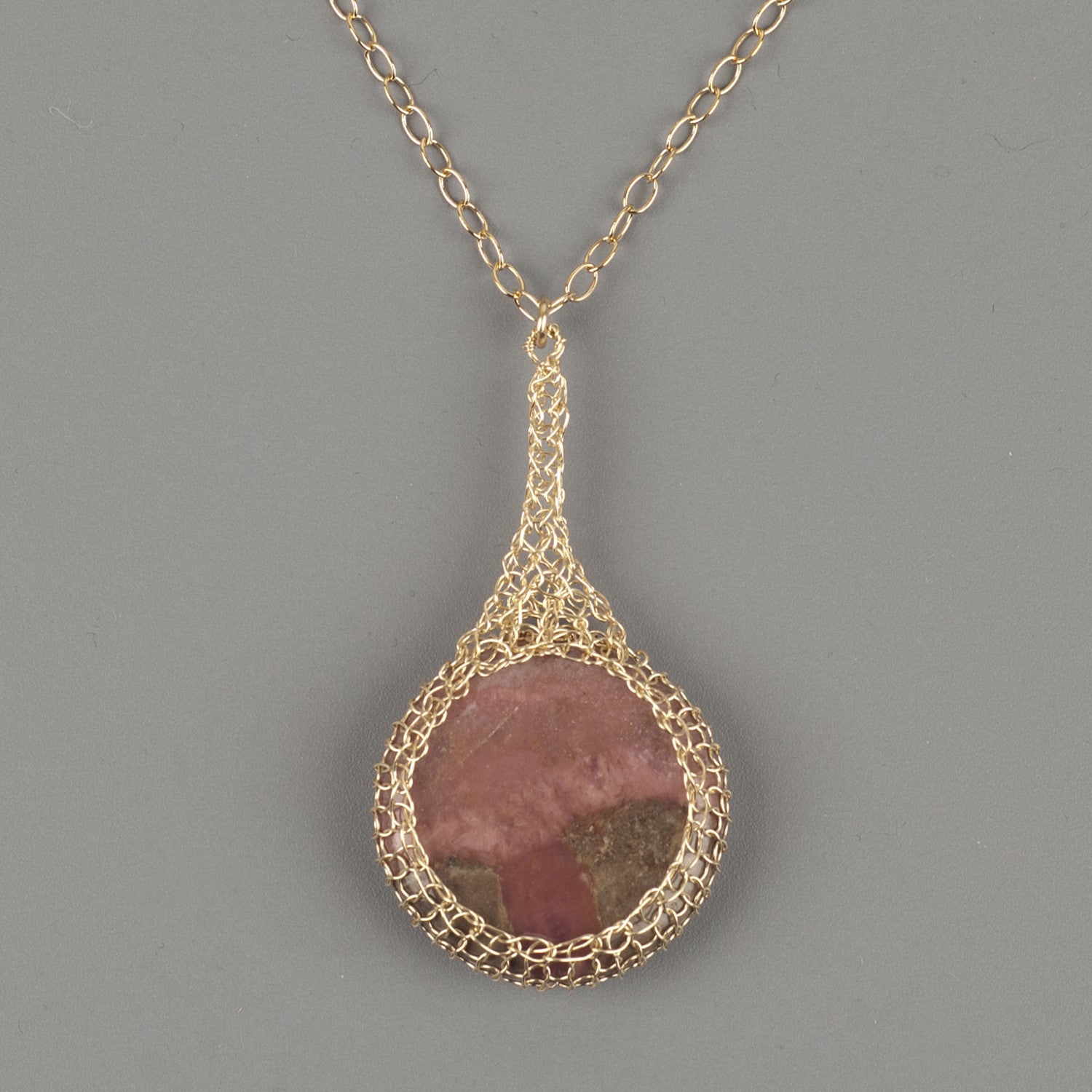 Large round Rhodonite pendant necklace, nested in gold wire crochet - Yooladesign