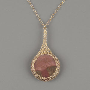 Large round Rhodonite pendant necklace, nested in gold wire crochet - Yooladesign