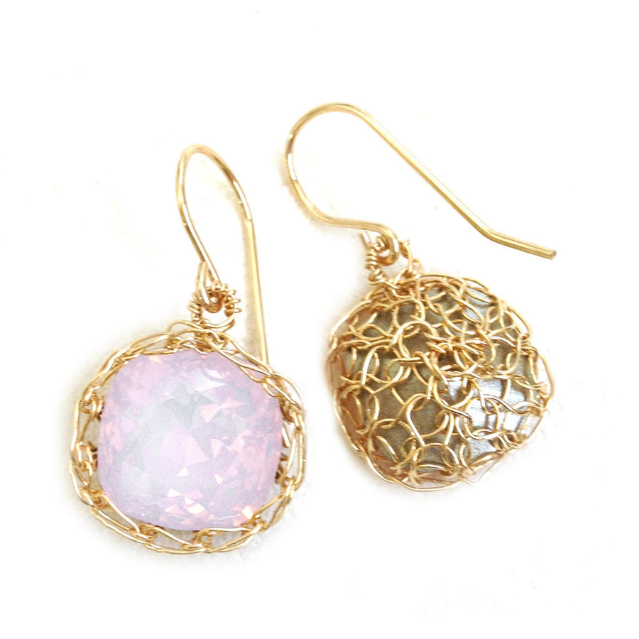 Pink Swarovski glass crystal earrings , wire crochet dangle gold earrings - Yooladesign