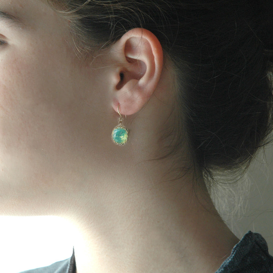 White opal Swarovski glass crystal earrings , wire crochet dangle earrings in gold filled - Yooladesign