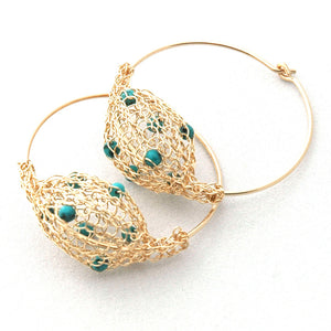 Gold Hoop Earrings - Turquoise Stones - Yooladesign