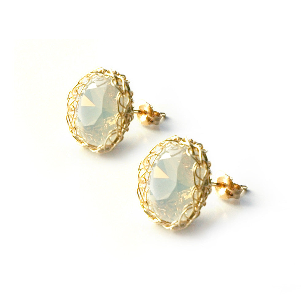Opal white post earrings , wire crochet gold filed purple earrings - Yooladesign