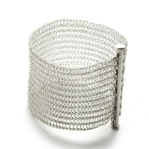 Silver Cuff Bracelet , Wide Knitted Handmade Cuff - Yooladesign