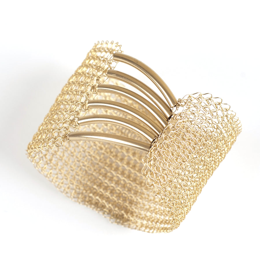 A Symmetric Gold Cuff Bracelet, Gold Mesh Bracelet - Yooladesign