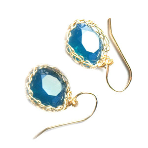 Turquoise Swarovski glass crystal earrings , wire crochet dangle earrings in gold filled - Yooladesign