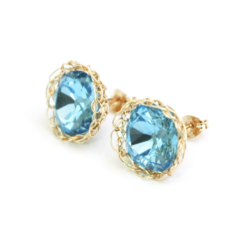 Blue post earrings , wire crochet earrings , stud earrings - Yooladesign