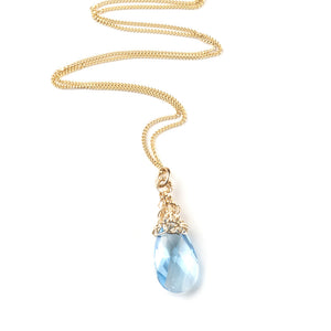 Blue Swarovski Crystal on Gold Necklace, Unique Crocheted Pendant. - Yooladesign