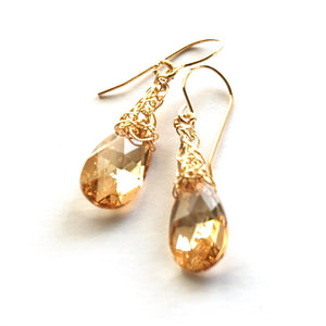 Amber Crystal Earrings, Dangle Gold Filled Swarovski earrings - Yooladesign