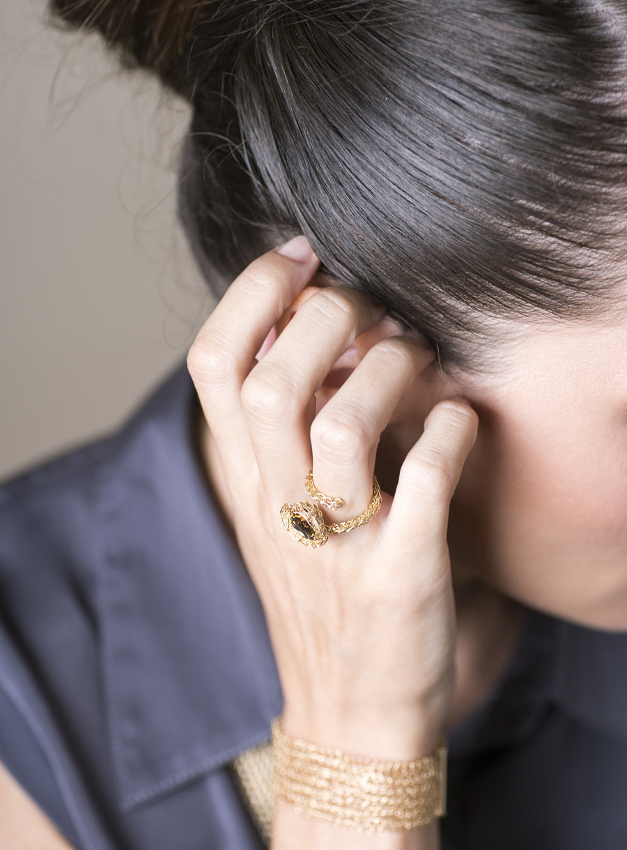 Contemporary Cocktail Ring , Adjustable Ring , Amber Crystal , Sparkle , Statement , Wire Crochet - Yooladesign