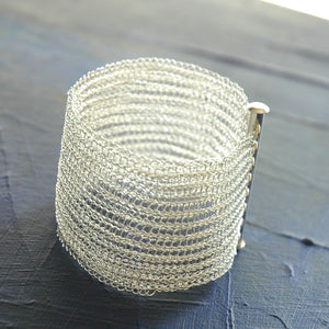 Silver Cuff Bracelet , Wide Knitted Handmade Cuff - Yooladesign