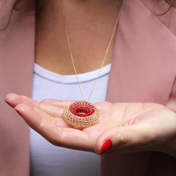 Red Dot Pendant Necklace , Gold and Red Pendant , Wire Crochet Jewelry - Yooladesign