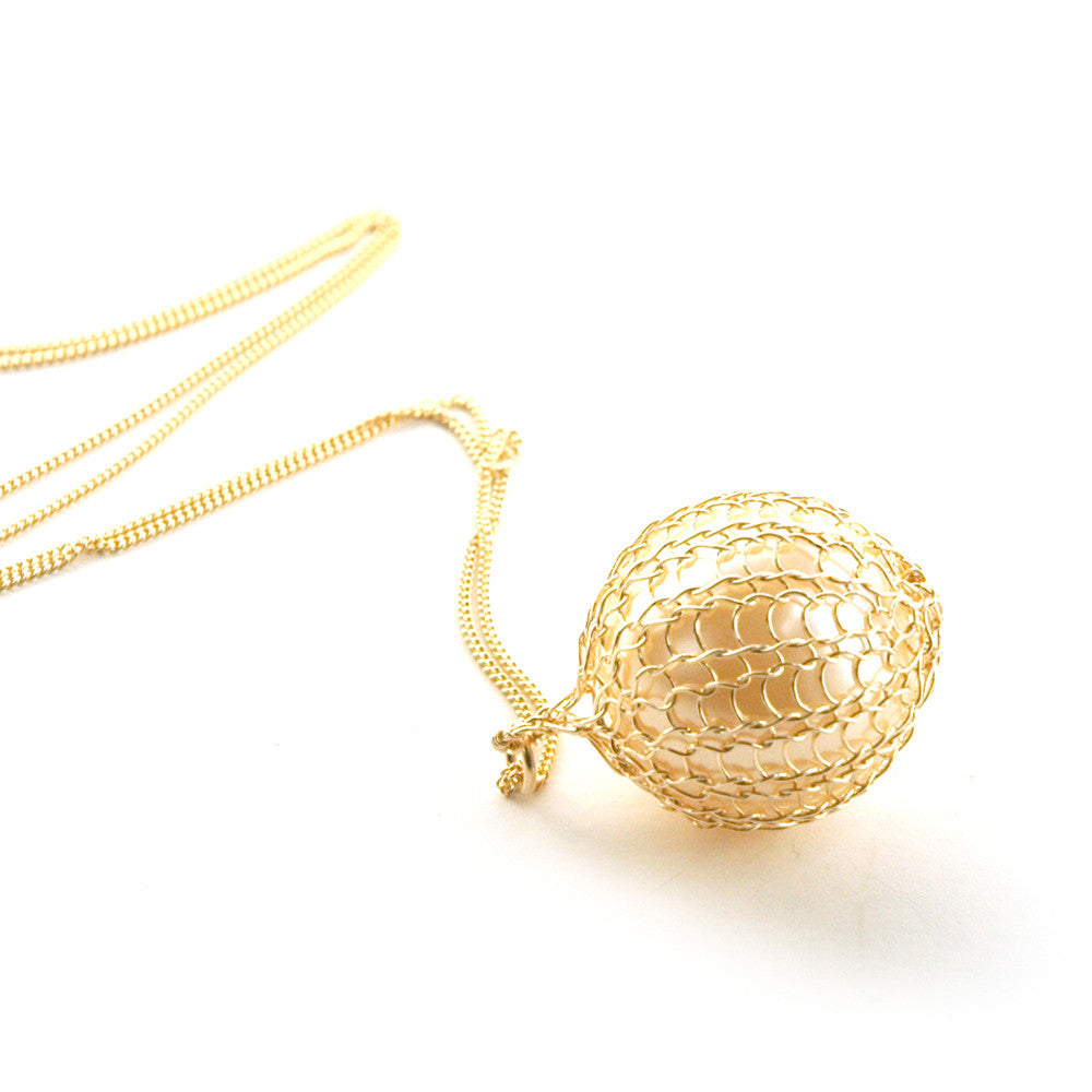 Pearl Pendant Gold Wire Crochet Necklace - Yooladesign