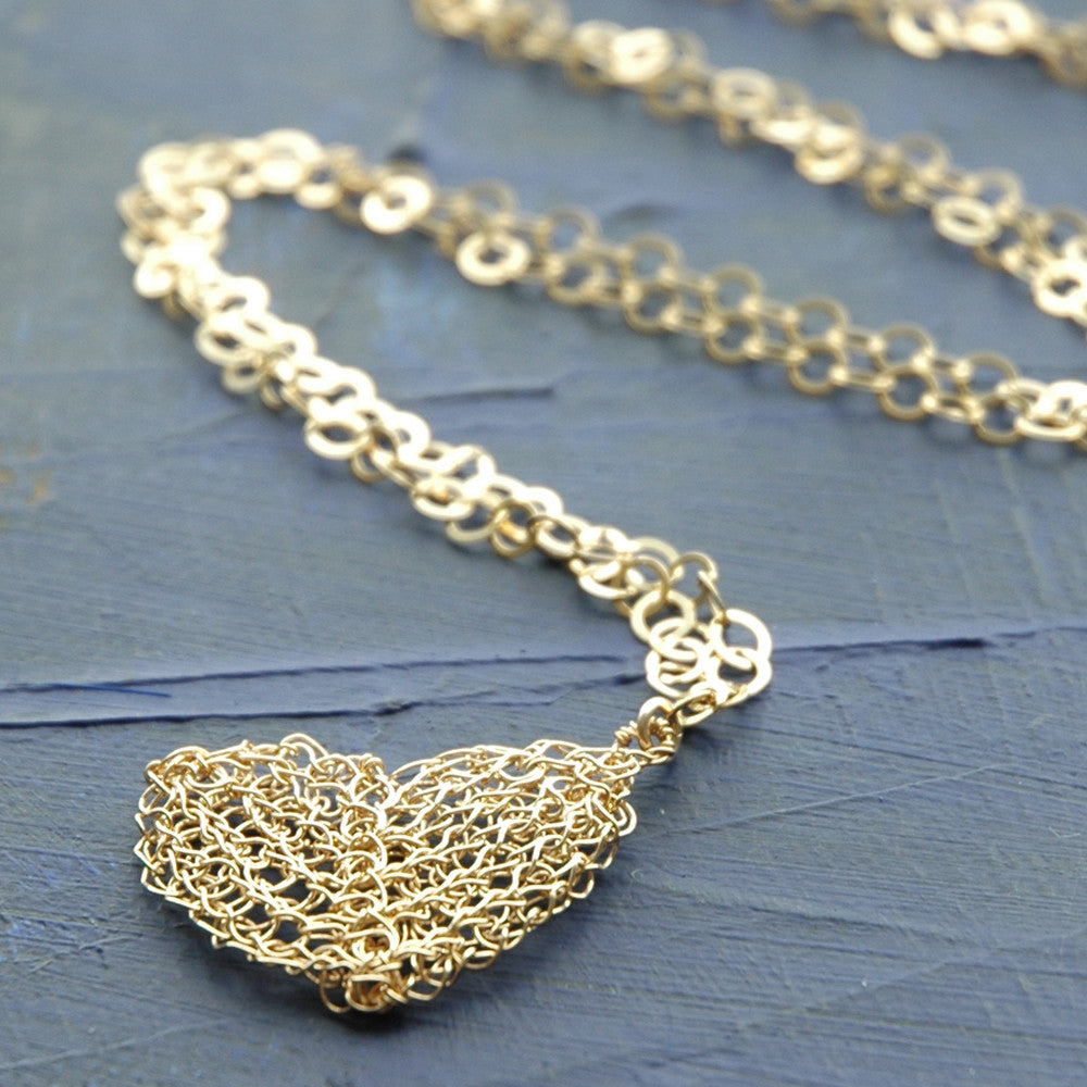 Heart pendant necklace , knitted gold heart - Yooladesign