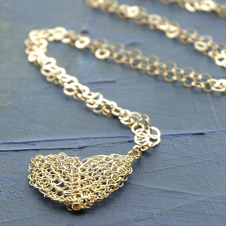 Heart pendant necklace , knitted gold heart - Yooladesign