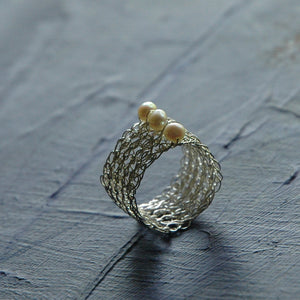 Silver Pearl Ring , Pearl Jewelry , Wire Crochet Jewelry , Water Pearl - Yooladesign