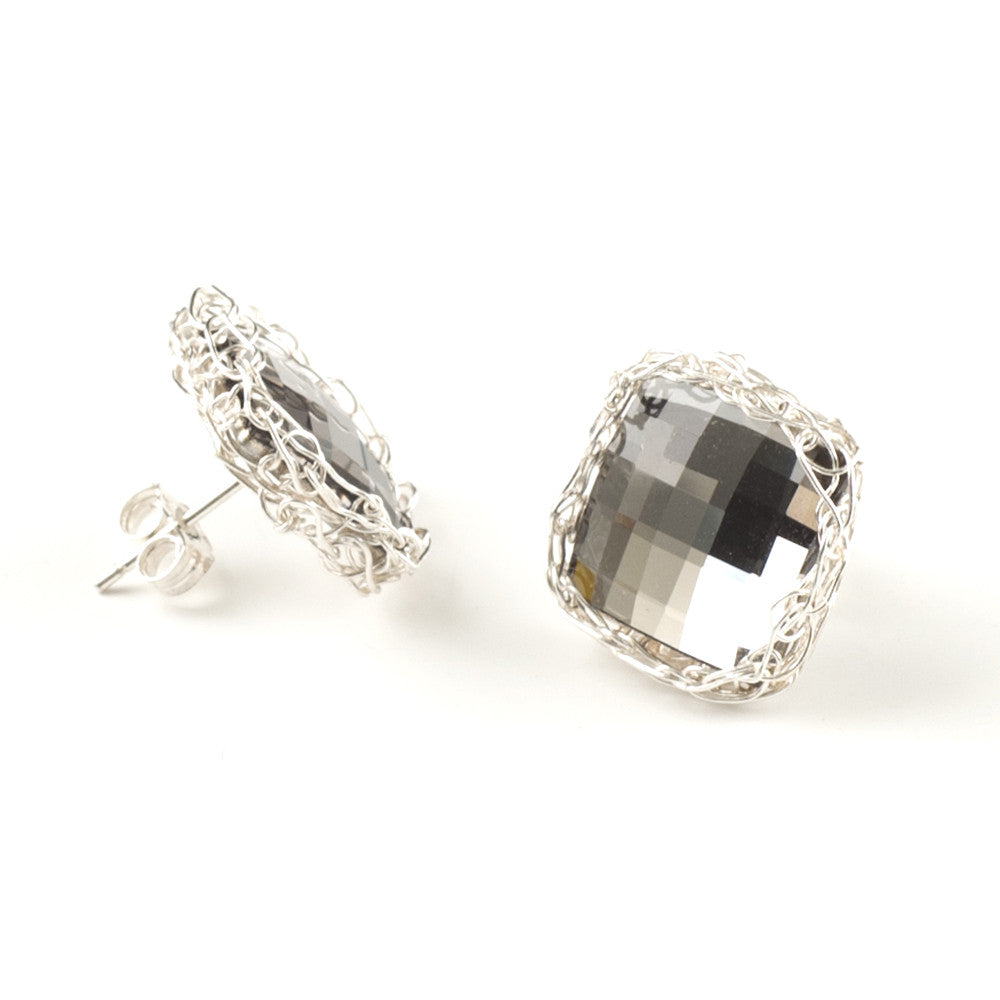 Crystal Stud Silver Earrings , Smoky Gray Swarovski Crystal - Yooladesign