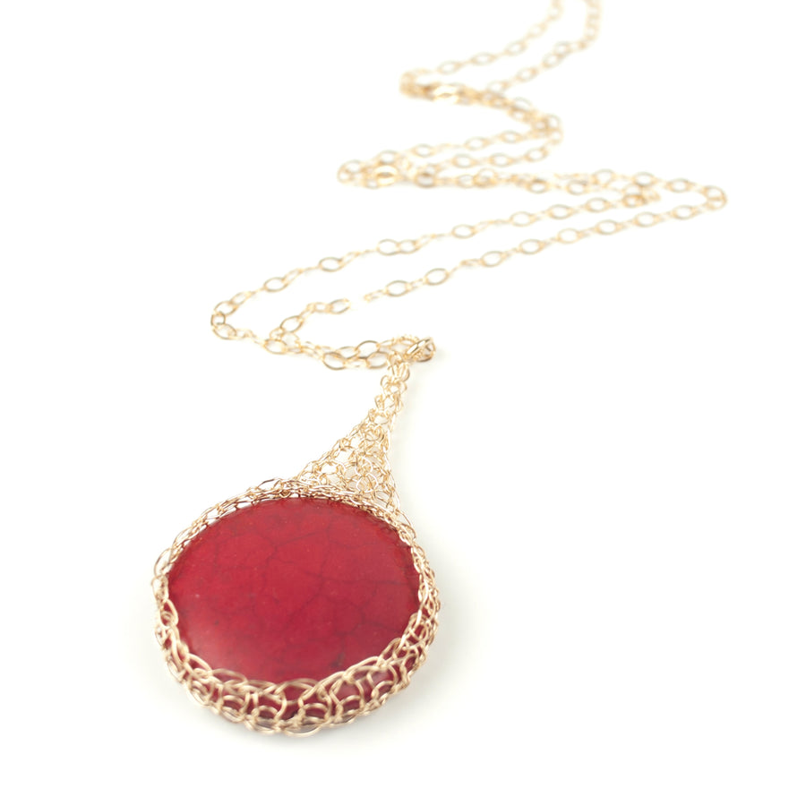 Large round RED Howlite pendant necklace, nested in gold wire crochet - Yooladesign