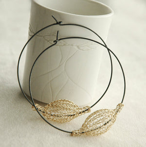 Extra Large Gold and Silver Hoops , Gold Pod Bead on Oxidized Hoop , Wire Crochet Jewelry - Yooladesign
