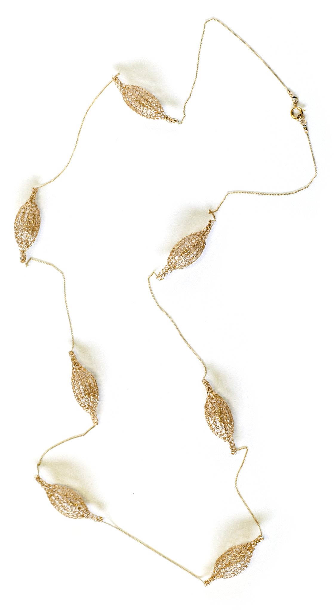 Gaia long necklace , 7 wire crocheted gold filled organic pods on a chain, unique handmade wire crochet jewelry - Yooladesign