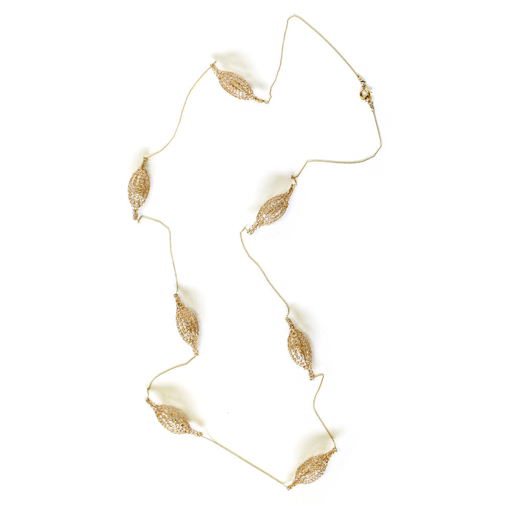 Gaia long necklace , 7 wire crocheted gold filled organic pods on a chain, unique handmade wire crochet jewelry - Yooladesign