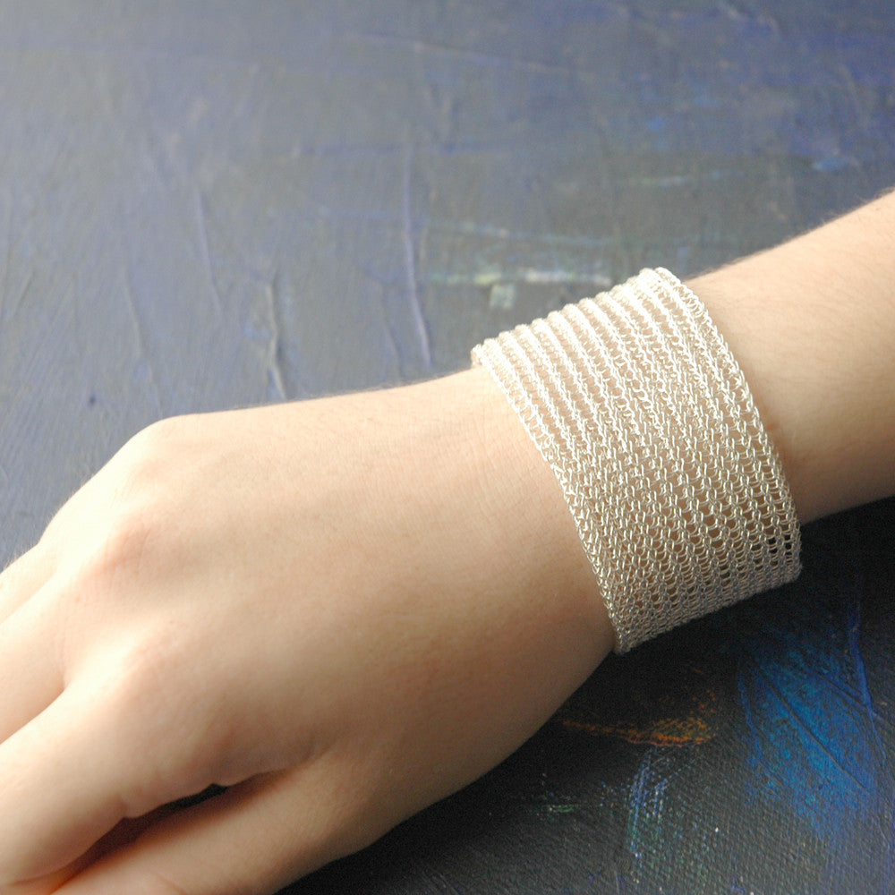 Silver Cuff Bracelet Wide Knitted Handmade Cuff