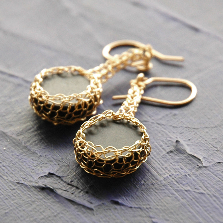 Black Onyx Earrings , Onyx Coins Set nested in Crocheted Gold - Yooladesign