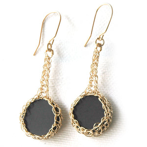 Black Onyx Earrings , Onyx Coins Set nested in Crocheted Gold - Yooladesign