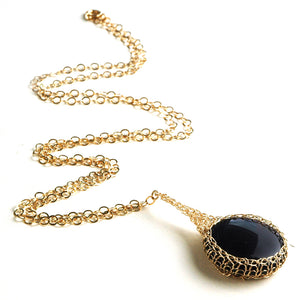 Black Onyx  pendant necklace, nested in gold wire crochet - Yooladesign