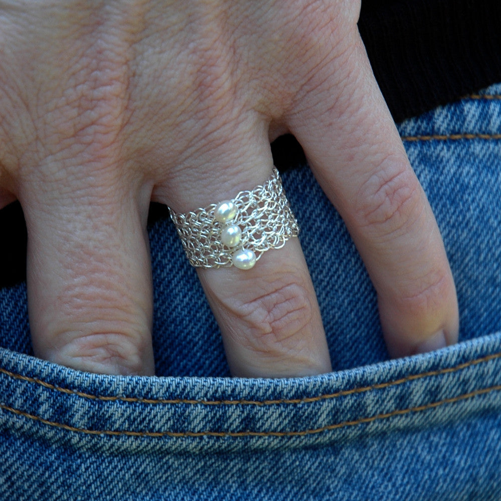 Silver Pearl Ring , Pearl Jewelry , Wire Crochet Jewelry , Water Pearl 9-10 / Silver