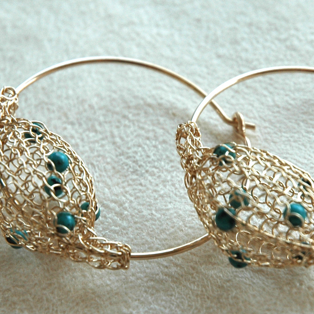 Gold Hoop Earrings - Turquoise Stones - Yooladesign